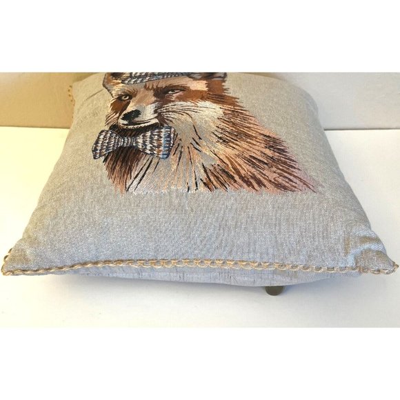 Pier 1 Accent Toss Pillow Embroidered Fox with Hat & Bowtie Neat Retro Art Rare - Picture 7 of 10